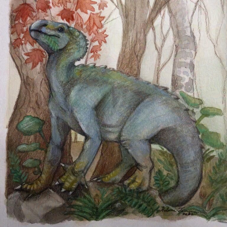 A watercolor illustration of an iguanodon eating some plants, making its way through a forest with some plants from the cretaceous period. It has a grayish tan color with some spots of yellow. Painted on around 5x7 of a mixed media sketchbook page in Daniel smith/Mijello Mission Gold watercolors with prismacolor pencils for some details.